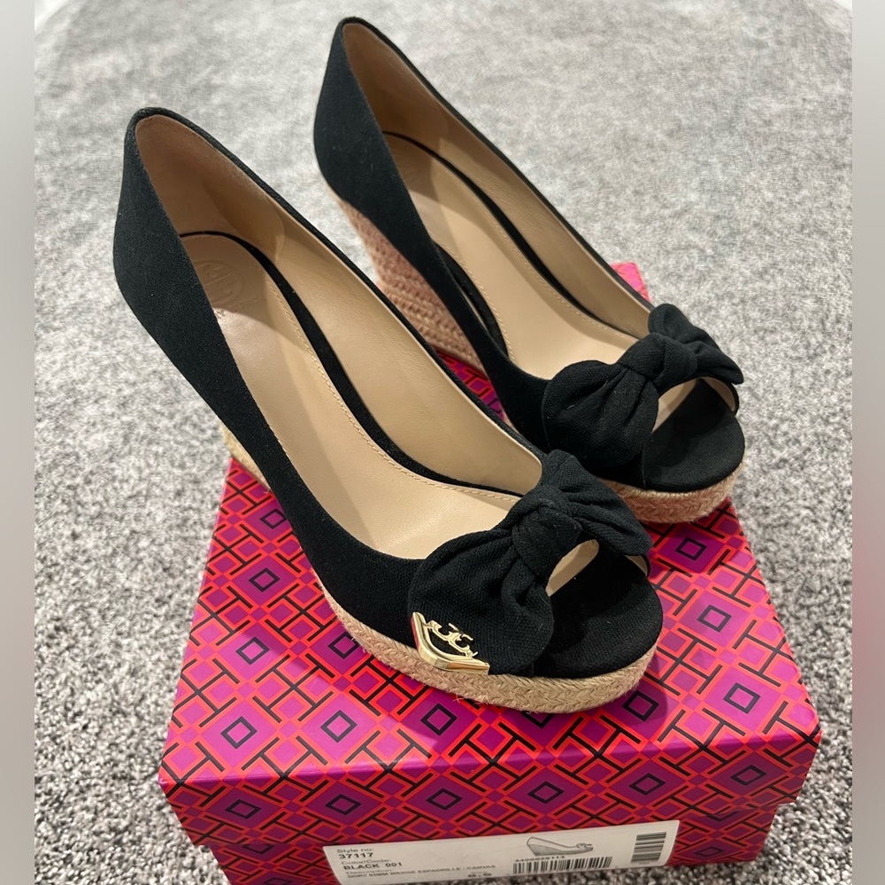 Tory Burch Black Wedges with Bow Detail
